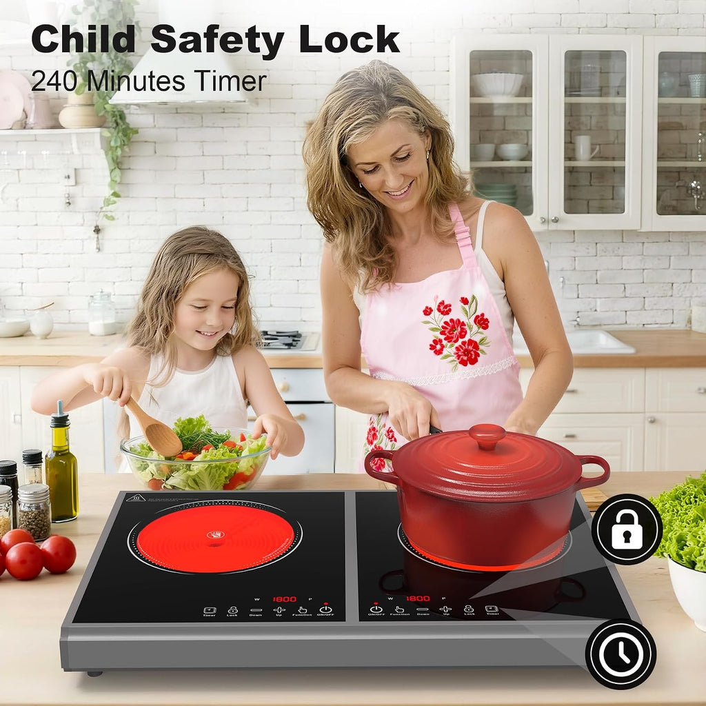 GIHETKUT Electric Cooktop,110V 3600W Stove top, 20 inch Countertop with 9 Power Levels,LED touch control,Overheat Protection,Child Safety Lock & Timer,touch control 2 burner Electric cooktop