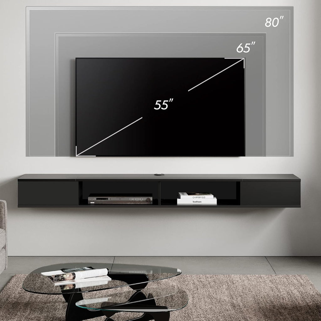 WAMPAT Floating Entertainment Center for 80 Inch TV,TV Stand Wall Mounted with LED Light, Floating TV Shelf Under TV for Living Room, Bedroom, Black