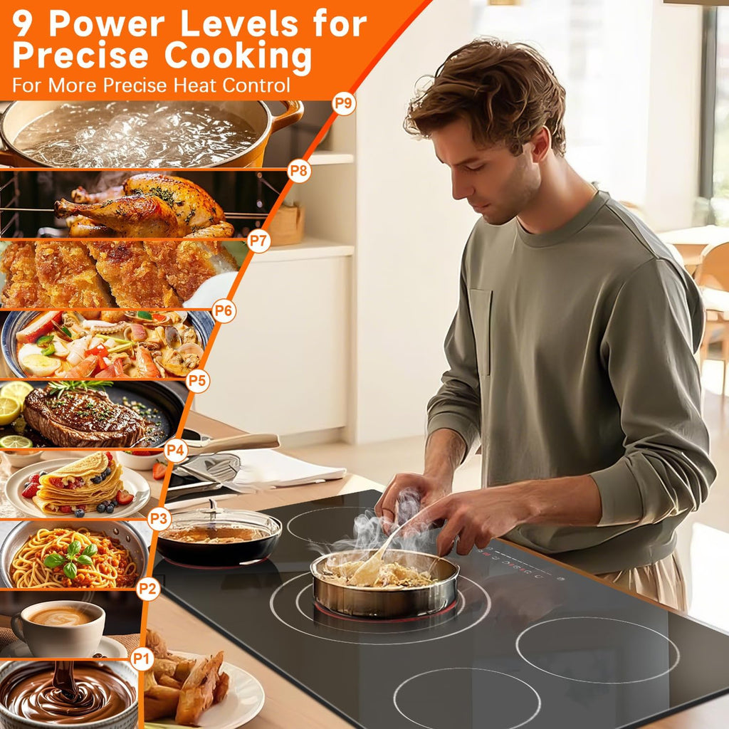 Noxton 36 Inch Electric Cooktop 5 Burners, 9600W Built-in Electric Stove Top, Flexible Bridge & Triple Elements, Pause, Timer, Child Safety Lock,Touch Control Ceramic Cooktop for 220-240V Hard Wire