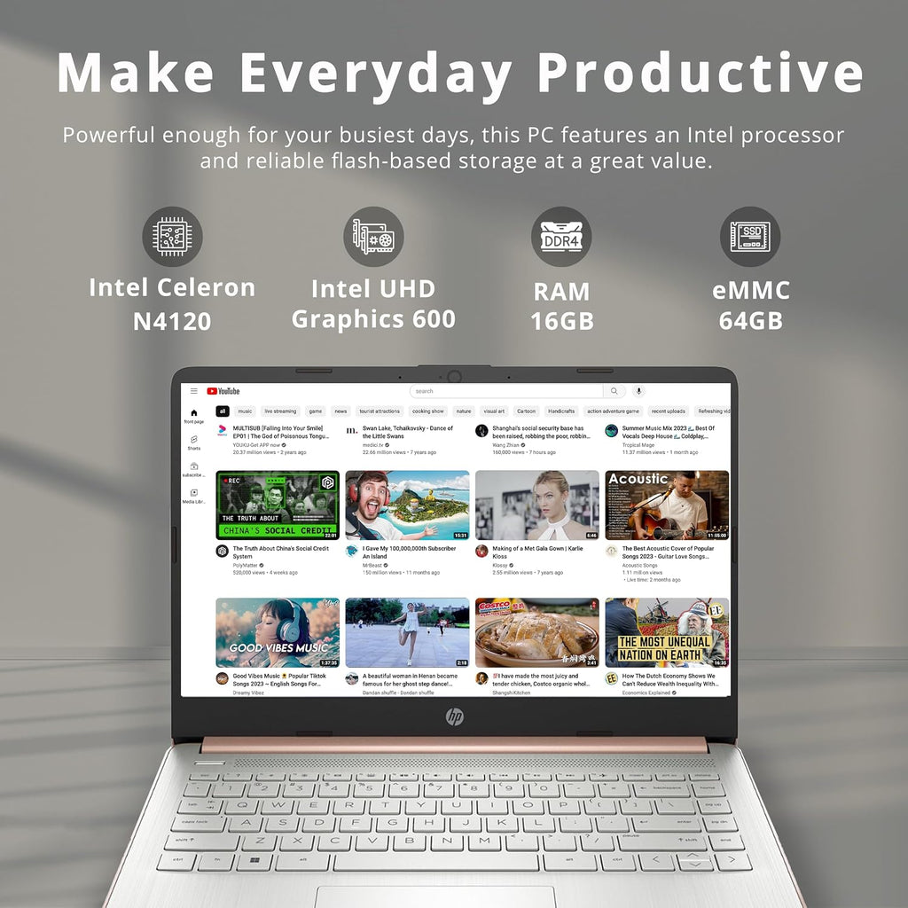 HP Stream 14' HD BrightView Laptop, Intel Celeron N4120 Processor, 16GB RAM, 64GB SSD, Intel UHD Graphics, 720p Webcam, WiFi, HDMI, Win 11 S, Gold (Renewed)