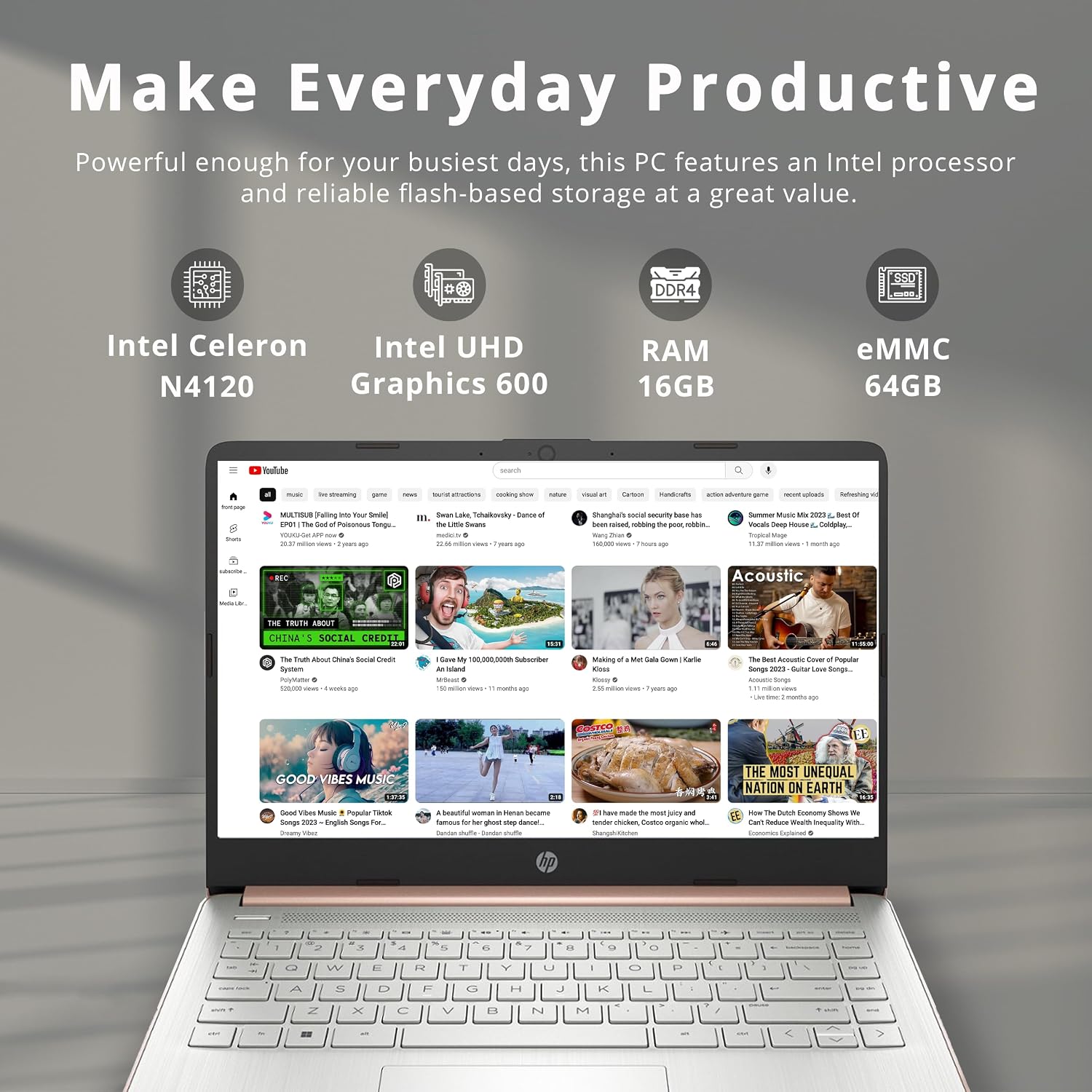 HP Stream 14' HD BrightView Laptop, Intel Celeron N4120 Processor, 16GB RAM, 64GB SSD, Intel UHD Graphics, 720p Webcam, WiFi, HDMI, Win 11 S, Gold (Renewed)