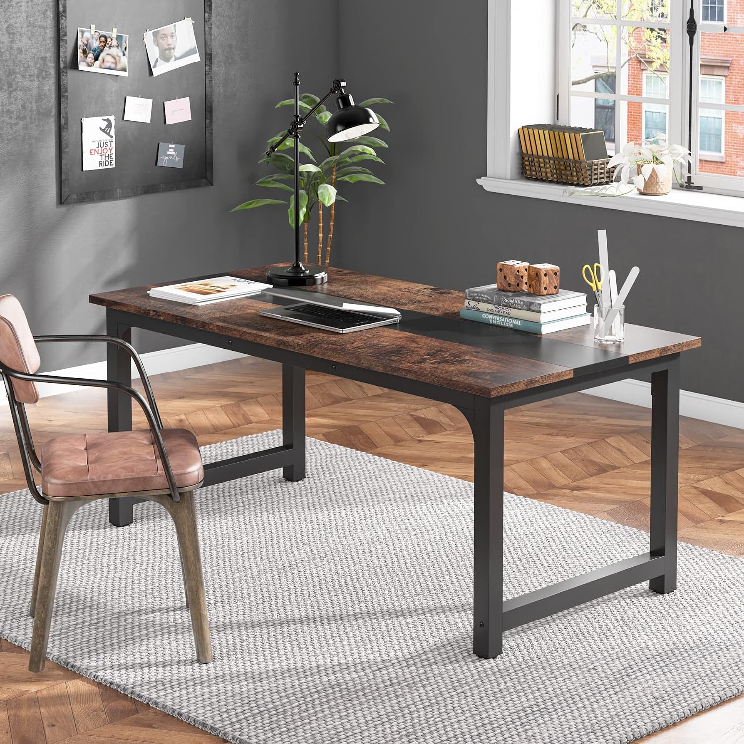 Tribesigns 63' Executive Desk, Large Office Computer Desk with Thicken Frame, Modern Simple Workstation Business Furniture for Home Office, Vintage Brown/Black