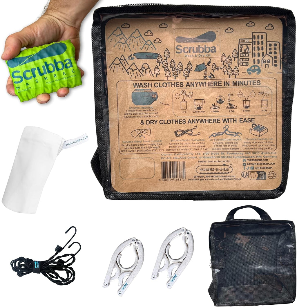 Scrubba Portable Wash Bag Untouched Kit (5 Pieces) – White Undyed, Unbleached, Hand Washing Machine System for Hotel, Hiking & Travel Wash – Light and Small Eco-friendly Camping Washer and Dryer