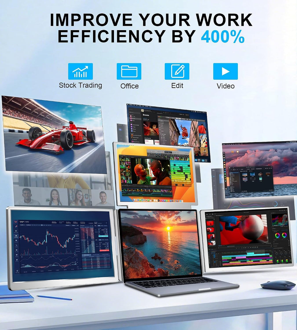 16' Laptop Screen Extender Monitor Portable, Quad Monitor, Just 1 Cable for 3 Screens, FHD 1200P IPS Laptop Extender Compatible with Wins/Mac for 13.6' - 18.5' Laptops