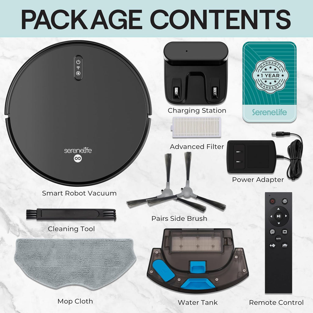 SereneLife Automatic Robot Vacuum Cleaner and Mop Combo, Pro Edition with Upgraded Battery, Extreme Suction, Internal Water Tank - Smart App Control, Ideal for Pet Hair, Carpet and Hard Floors, Black