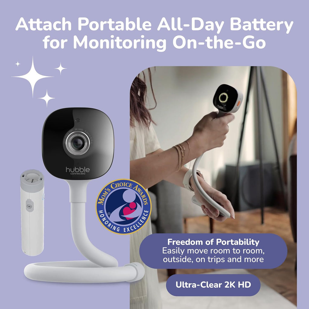HUBBLE CONNECTED GoBaby AI Wireless Portable Pro — 2K Ultra Clear HD Baby Monitor w/AI Rollover Detection, True Cry Alerts, Sleep Analytics — w/Camera, HD Parent Unit, Portable Battery, Wall Mount
