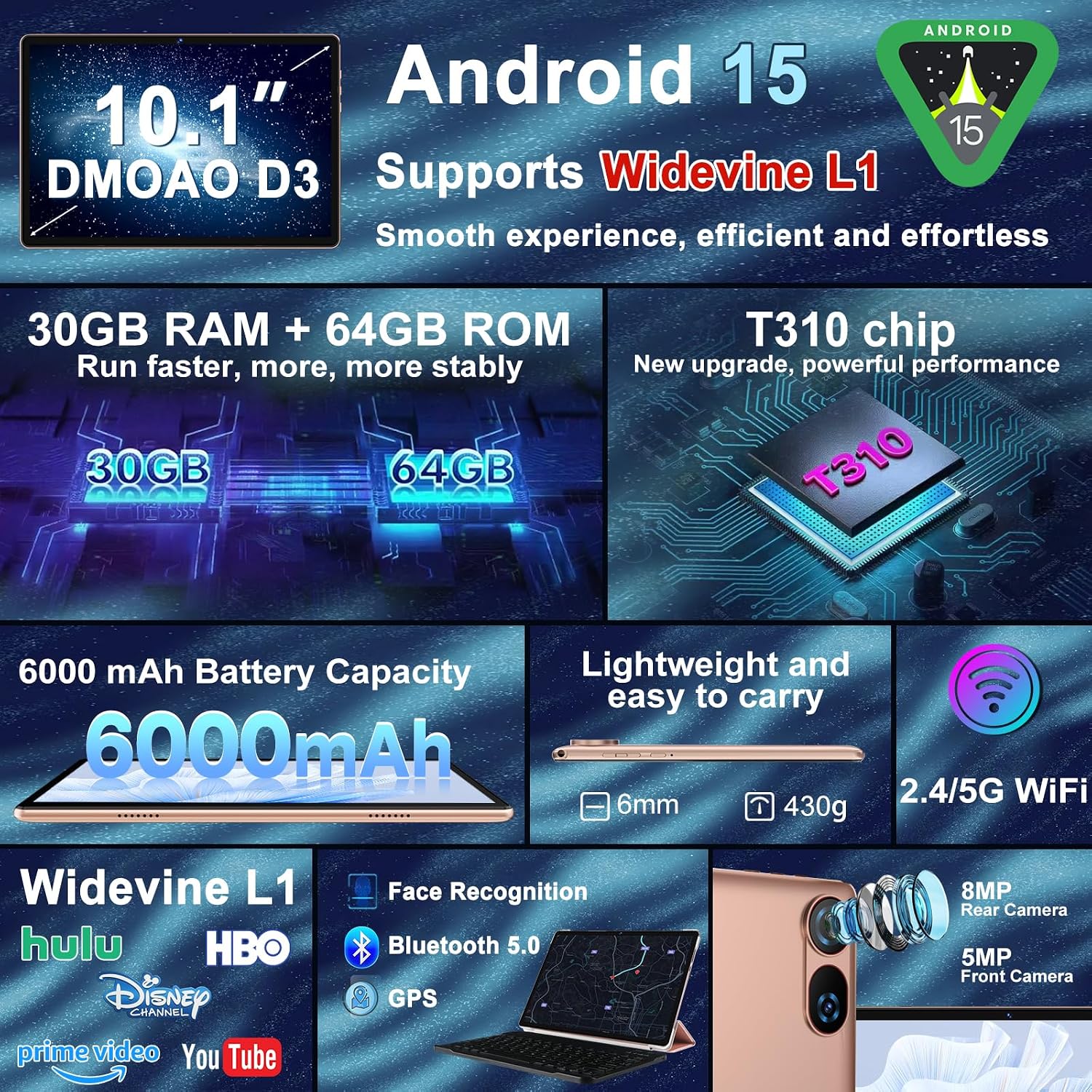 DMOAO Tablet, 2026 Android 15 Tablet with Gemini AI, 10.1 Inch FHD Display, 30GB RAM 64GB ROM /1TB TF, 6000mAh Battery, Octa-Core 2.0GHz, Widevine L1, 2 in 1 Tablets with Keyboard Mouse(Gold)