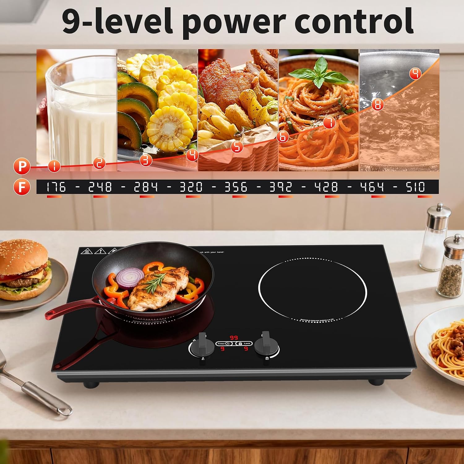 VBGK Induction Cooktop,110V 4000W Countertop burners with Knob Control,9 Power Levels, Kids Lock & Timer,LED touch control,Overheat Protection Electric stove,2 burner induction cooktop