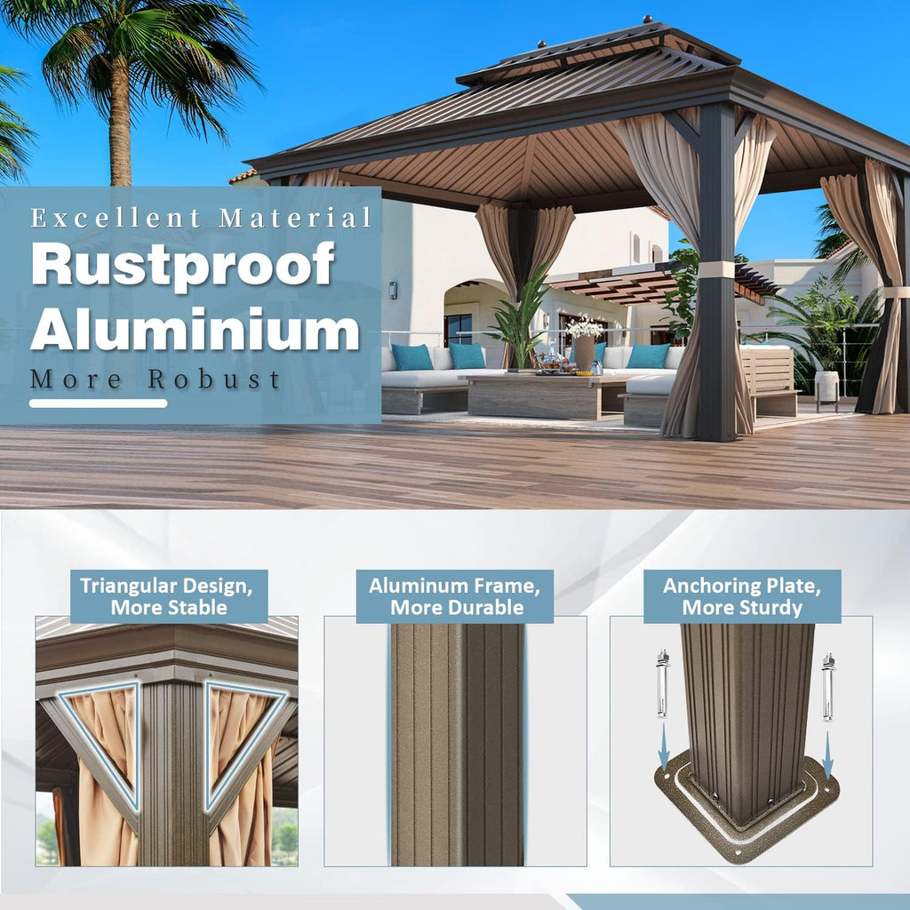MELLCOM 12'x16' Hardtop Gazebo, Galvanized Steel Metal Double Roof Canopy with Curtains and Netting, Brown Permanent Pavilion Gazebos with Aluminum Frame for Patio, Lawn & Garden