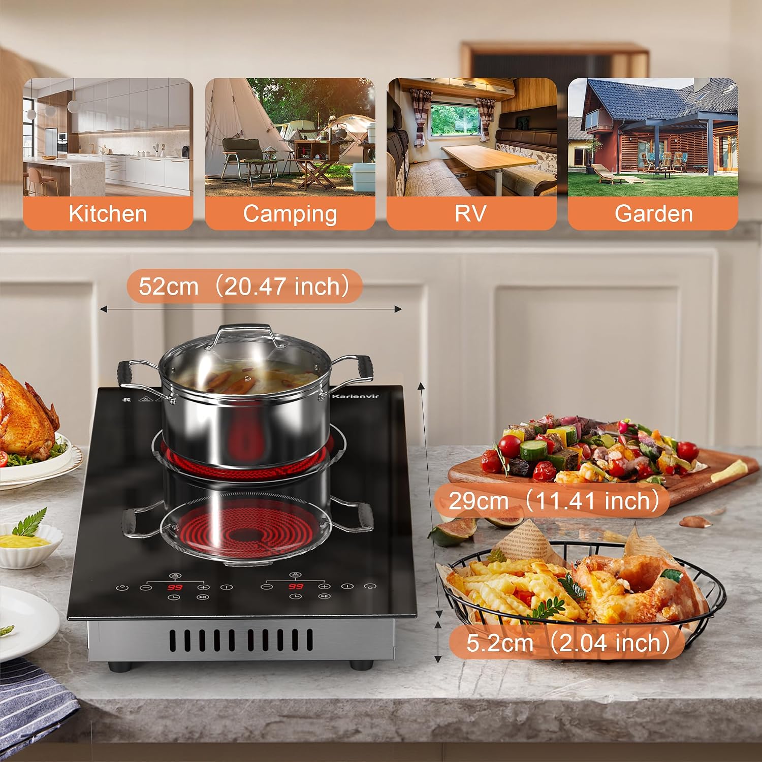 2 Burner Electric Cooktop, 110v Electric Stove with Plug, 12 Inch Countertop & Built-In Portable Electric Stove, 9 Levels of Power, 2000W, Touch Control, Safety Lock, Timer, Pause Function, Karienvir