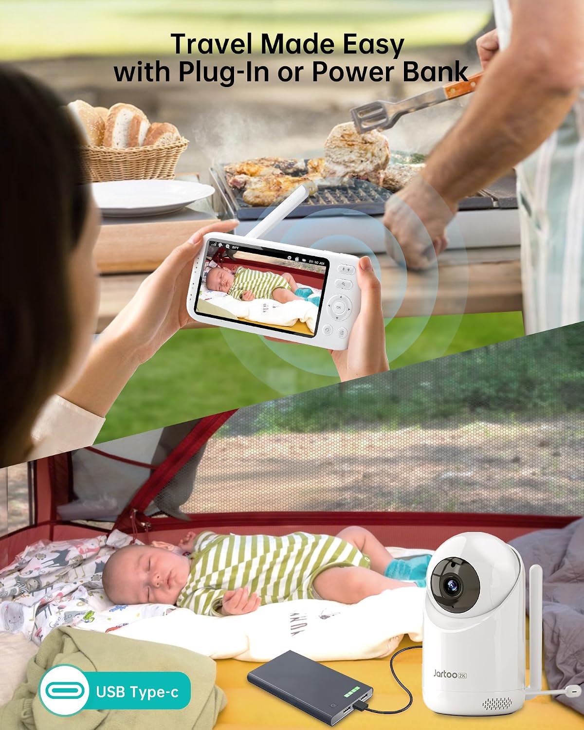 Jartoo 2K Video Baby Monitor with Camera and Audio, 1860ft Long Range Baby Monitor No WiFi 5.5' FHD Screen ANC Baby Camera Wireless, Feeding Clock, Night Vision, 2-Way Talk, AI Cry Detect, 6000mAh