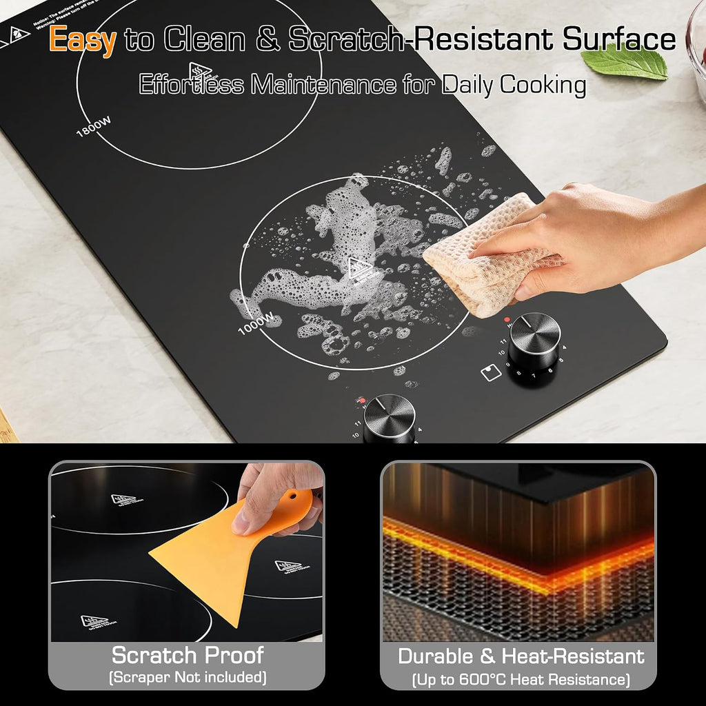 12 Inch 2 Burner Electric Cooktop, 1600W Ceramic Electric Stove Top, 110-120V Plug-in Radiant Countertop & Built-in Cooktop, 11 Heat Levels, Knob Control, Residual Heat Indicator