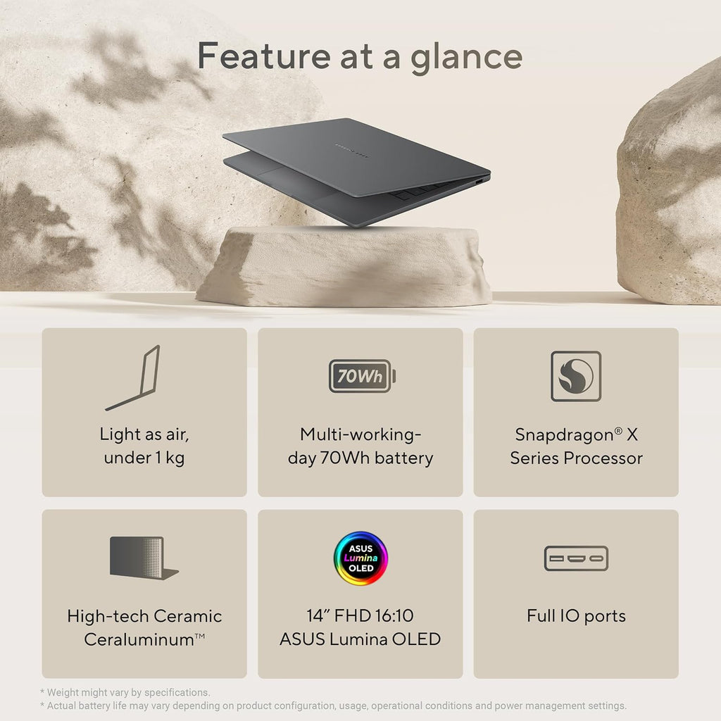 ASUS Zenbook A14; Copilot+ PC, Ultrathin Laptop, 14' WUXGA OLED, Snapdragon® X Processor, 16 GB Memory, 512GB SSD, Wi-Fi 6E, Zabriskie Beige, UX3407QA-DS52-CB