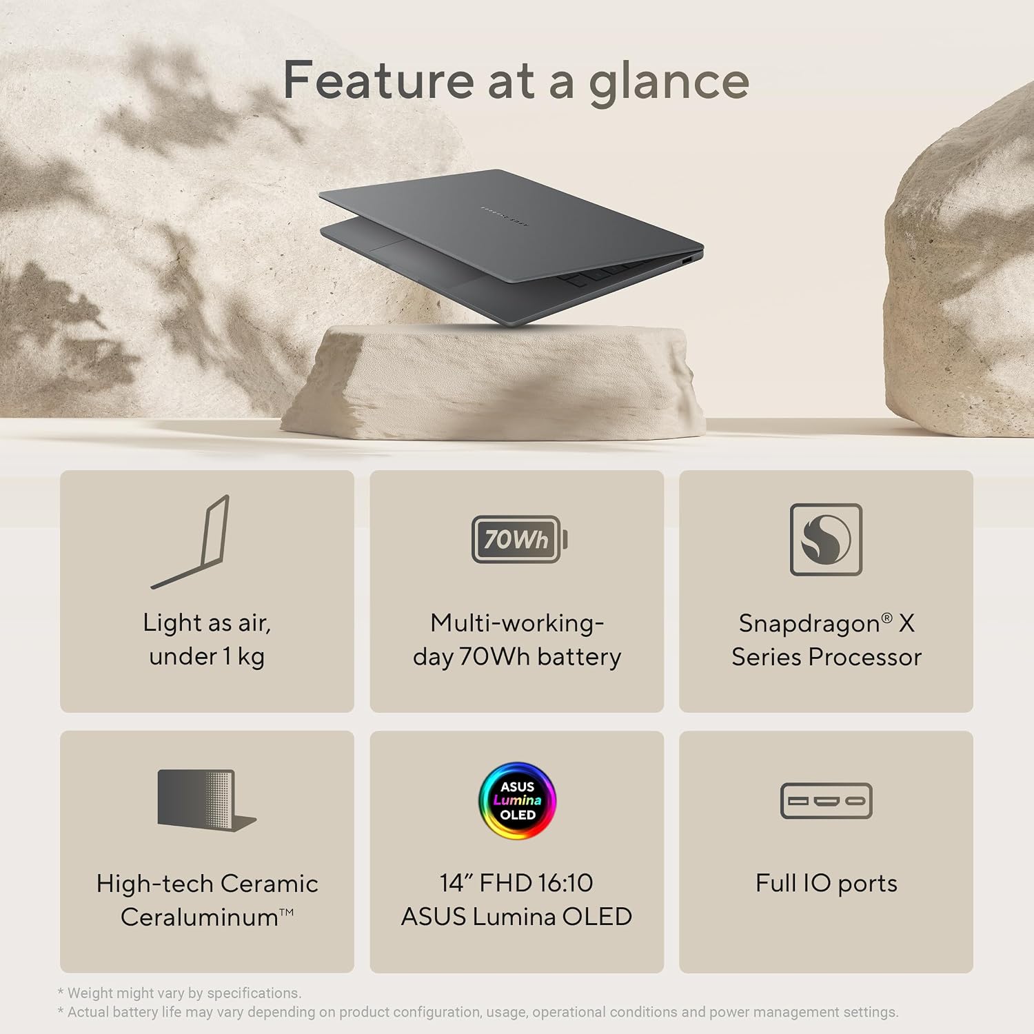 ASUS Zenbook A14; Copilot+ PC, Ultrathin Laptop, 14' WUXGA OLED, Snapdragon® X Processor, 16 GB Memory, 512GB SSD, Wi-Fi 6E, Zabriskie Beige, UX3407QA-DS52-CB