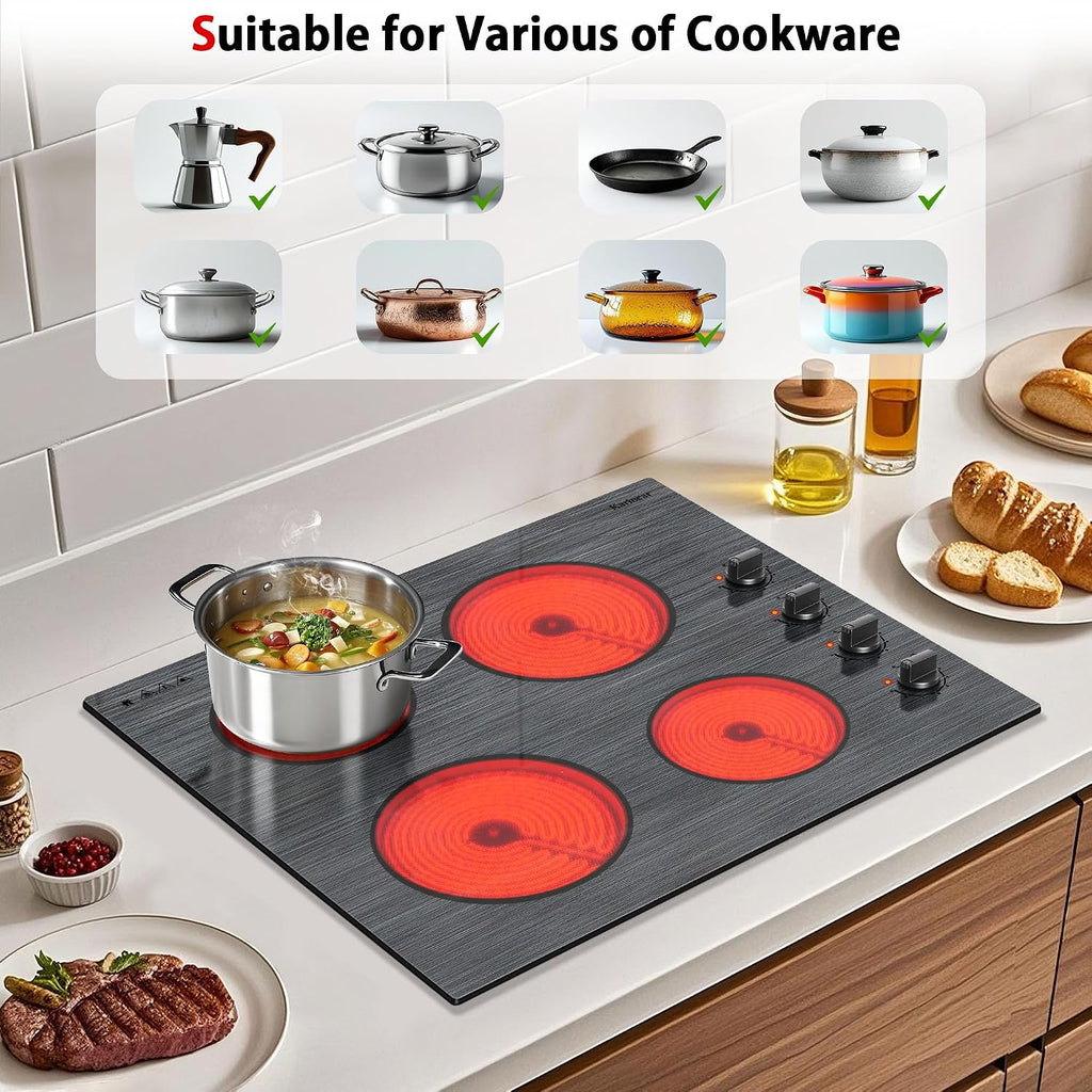 Karinear Electric Cooktop 24 Inch, 4 Burners Electric Stove Knob Control, Built-in Ceramic Cooktop with Beautiful Woodgrain Pattern Glass Surface, 6000W, 220-240v Hard Wired(No Plug)