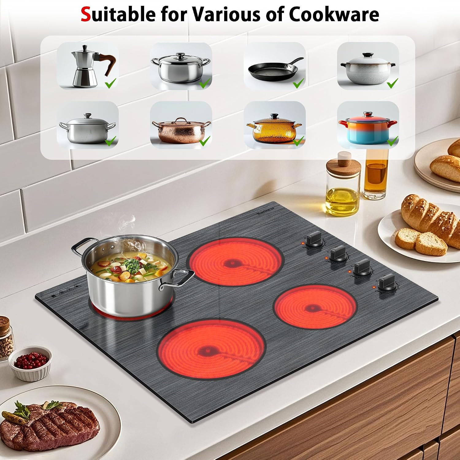 Karinear Electric Cooktop 24 Inch, 4 Burners Electric Stove Knob Control, Built-in Ceramic Cooktop with Beautiful Woodgrain Pattern Glass Surface, 6000W, 220-240v Hard Wired(No Plug)