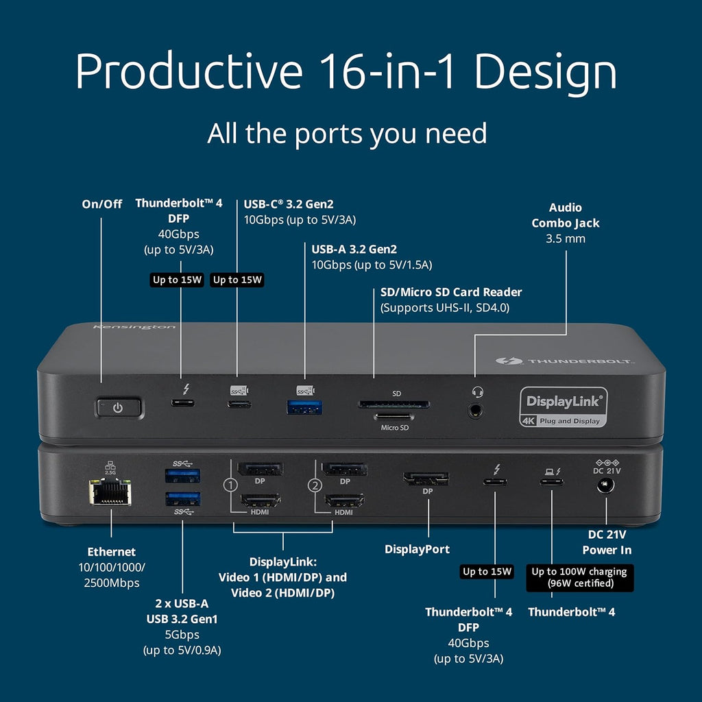 Kensington SD5910T DisplayLink Docking Station Thunderbolt 4, Quad 4K for MacBook Pro/Air M1/M2/M3/M4 with Pro and Max Chipsets, 100W PD, HDMI/DP/TB4, SD/Micro SD Card Slots (K35233NA), Black