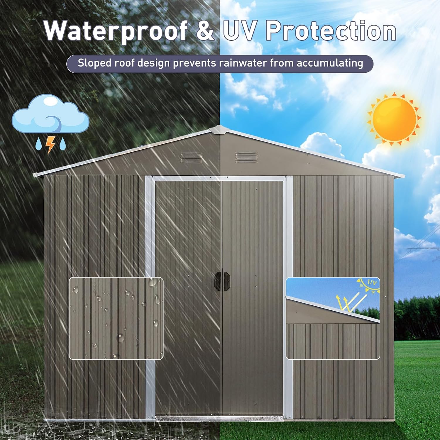 8 x 10 FT Outdoor Storage Shed, Metal Garden Shed with Floor Frame, Tool Sheds Outdoor Storage with Lockable Sliding Doors & Window & Air Vents, Storages House Waterproof for Backyard, Lawn, Gray