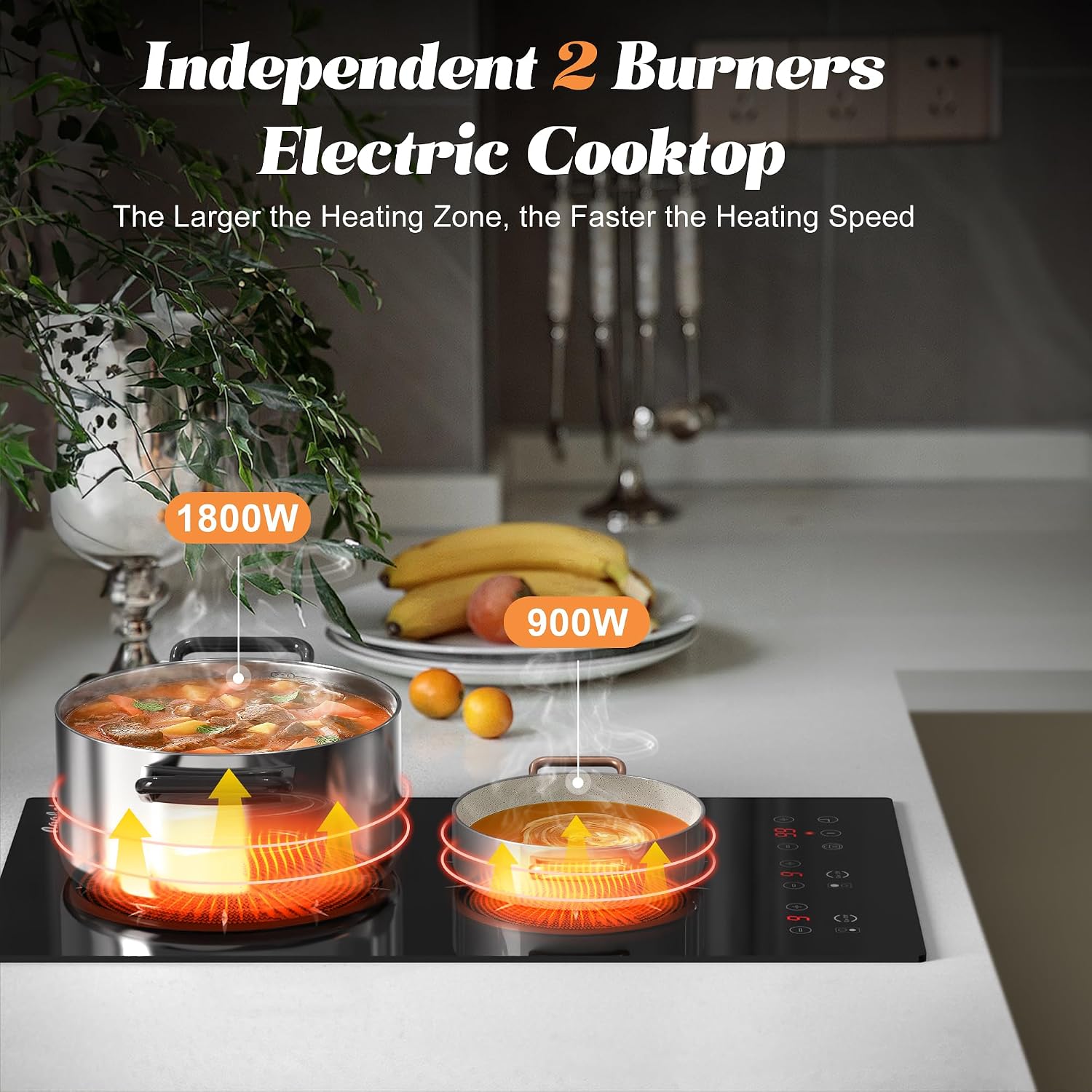 2 Burner Electric Cooktop - 2000W 12 Inch Electric Stove Top Built-in & Countertop, 110V Portable Two Burner Electrical Cook Top with Safety Lock, 180-Min Timer, Touch Control, 110V Plug in