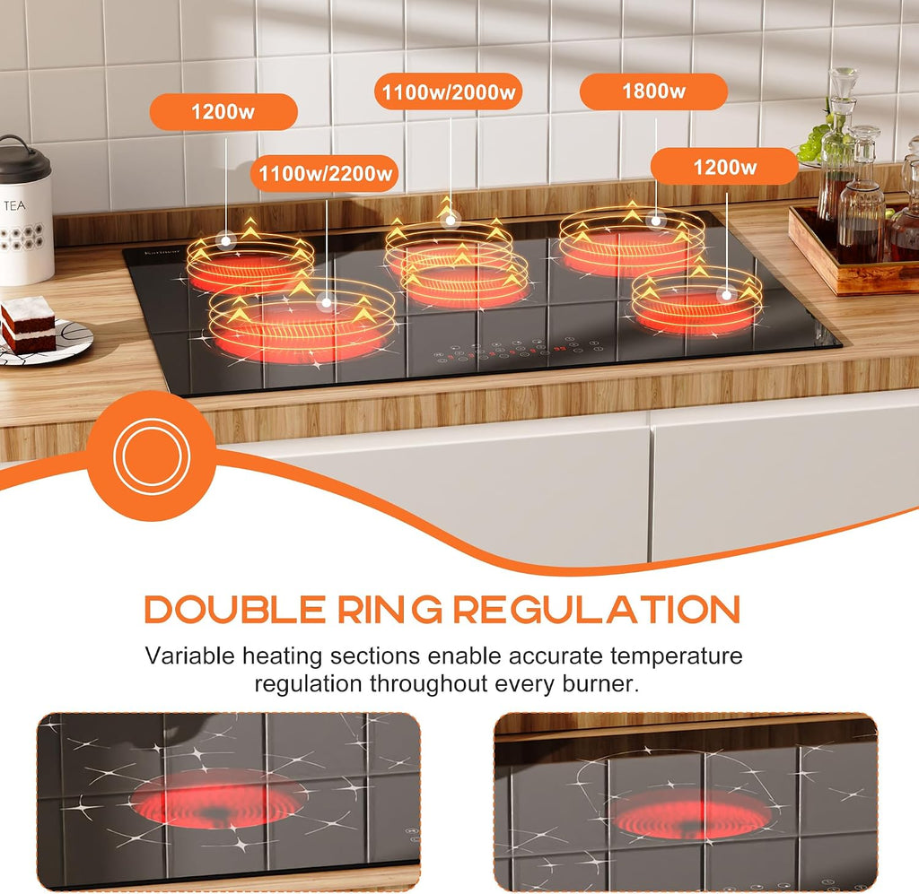 Karinear Electric Cooktop 30 Inch, 5 Burners Radiant Stovetop, Sensor Touch Control, Multi-functional Electric Ceramic Cooktop, Drop-in Install, 8400W 220V(No Plug)