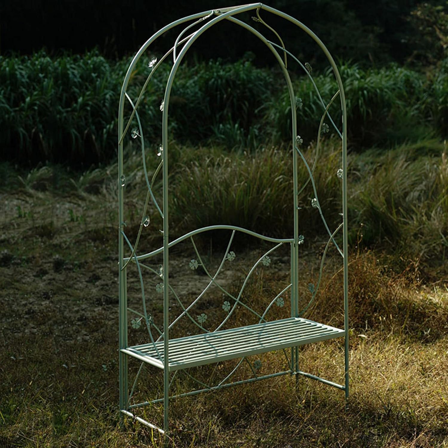 Outdoor courtyard wrought iron arch pavilion with garden benches Garden rose arch pergola Outdoor wedding decoration arch aisle Used for climbing planting backyard terrace party decoration (White)