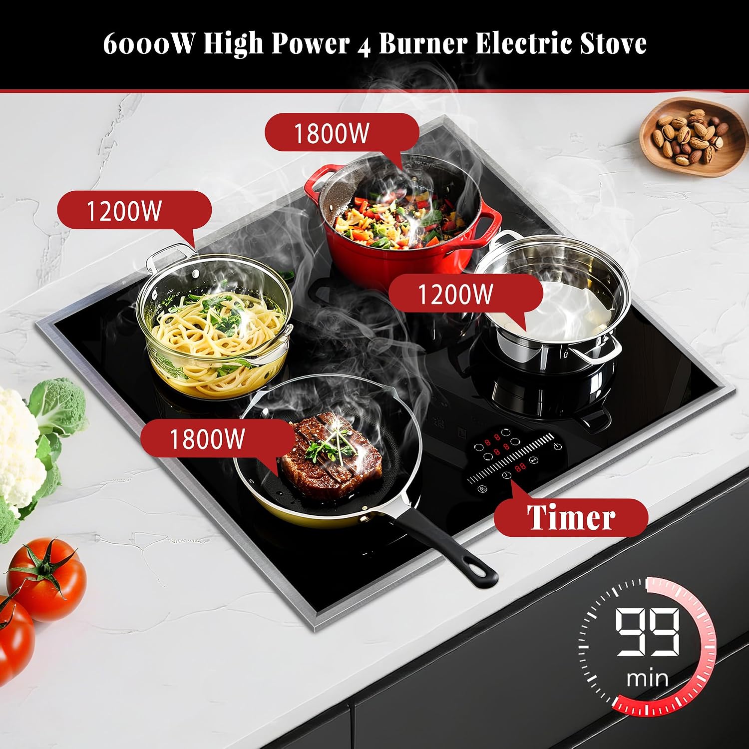 24 Inch Electric Cooktop 4 Burner Electric Stove, 24' Built-in Ceramic Stovetop with Slide Control, Timer, Child Lock, 9 Heating Level, 6000W, 220-240v, No Plug, Hard Wire