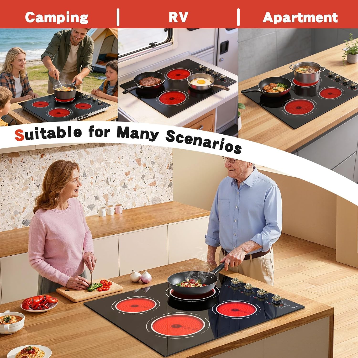 24 Inch Electric Cooktop - 4 Burner Drop-in(22.05'x19.3') Ceramic Stove Top 6000W, 220V Electric Stove, 9 Power Level, Pause, Safety Lock, Touch & Knob Control, 240V Hard Wired (No Plug)