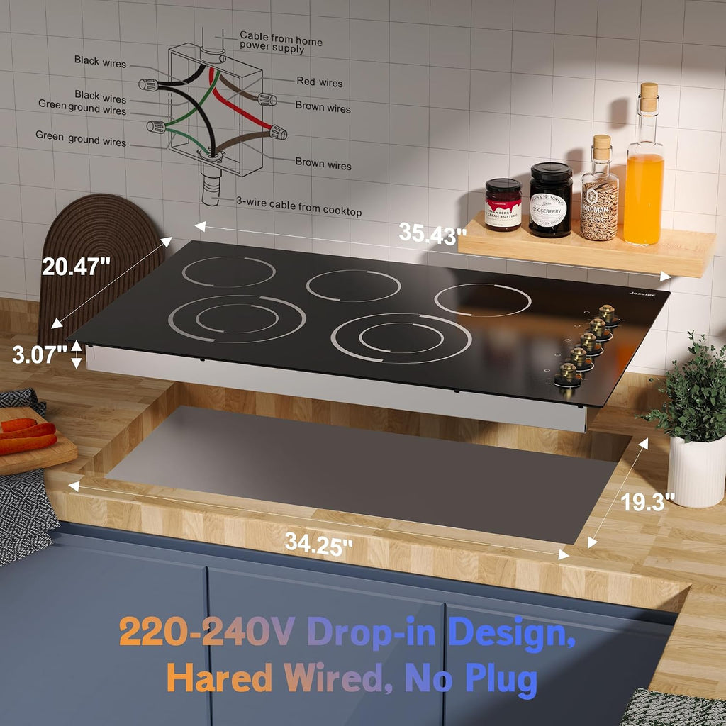 Electric Cooktop 36 Inch - Drop-in(34.25'x19.3') 5 Burner Electric Stove Top 8400W High Power, 36' Ceramic Cooktop Stove with Knob Touch, Dual Ring, Overheat Protection, 220-240V Hard Wired