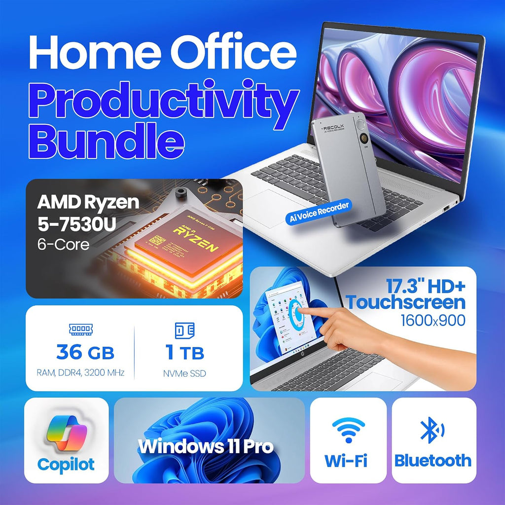 HP 17.3-inch Touchscreen Business Laptop - 36 GB RAM, 1 TB SSD, AMD Ryzen 5 7530U, Windows 11 Pro, Fast Charge, Privacy Webcam, AI Voice Recorder Bundle for Student & Work