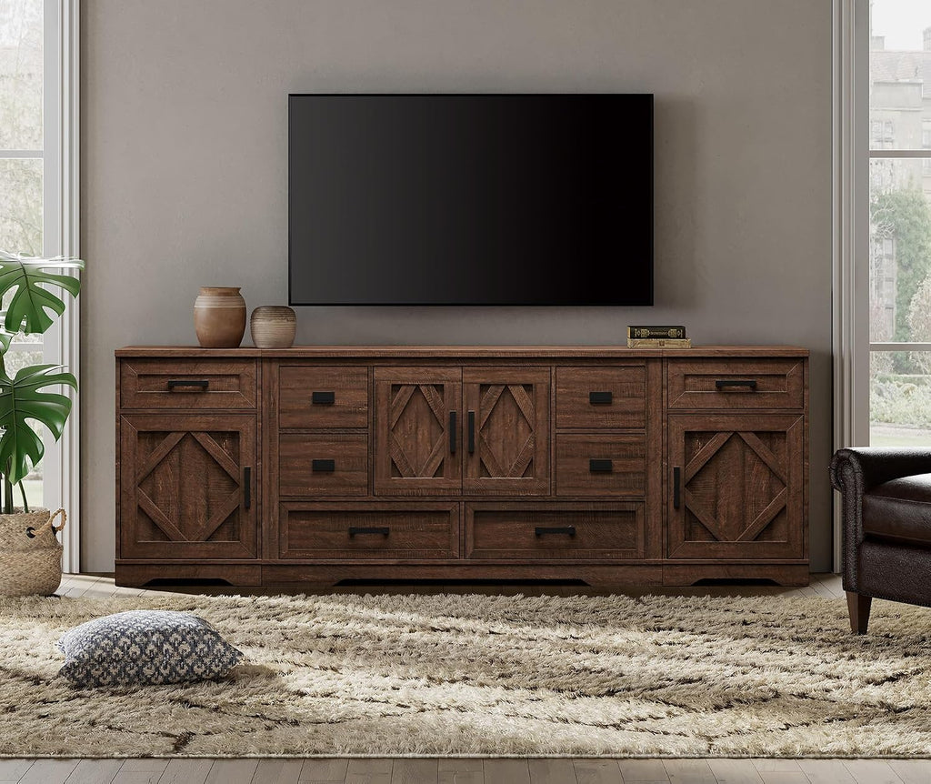 WAMPAT Modern Farmhouse TV Stand for TVs up to 100',3 in 1 Wood Entertainment Center,32' H Tall TV Console Cabinet with Barn Door for Living Room,Bedroom,Rustic Brown
