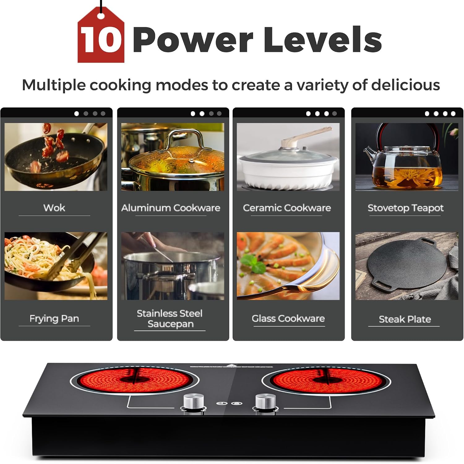 ADVWIN Electric Cooktop, 2 Burner Knob Control Plug in Built-in Ceramic Electric Stove Top with Child Safty Lock & Timer & Over-Temperature Protection & 10 Power Setting (2burners)