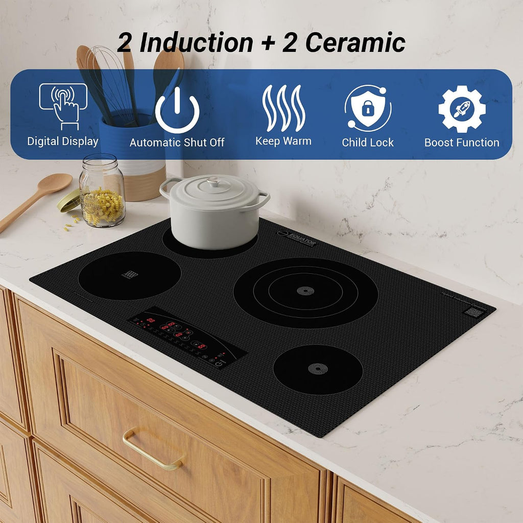 Equator 30-inch Electric Hybrid Cooktop Equator Design with 2 Induction & 2 Ceramic Burners Dual Cooking Modes for Flexible, Fast, and Efficient Cooking Sleek Built-in Design