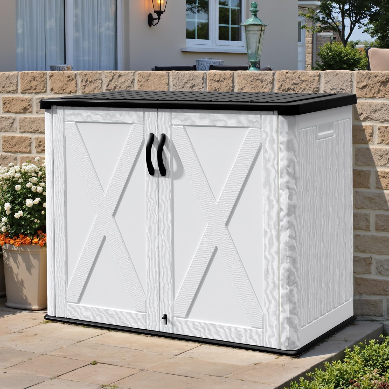 Patiowell 25 Cu.ft Outdoor Storage Cabinet with Lockable Door, Waterproof Horizontal Storage Shed for Tools and Patio Furniture, All-Weather Plastic Shed Easy Assemble for Pool or Backyards, White