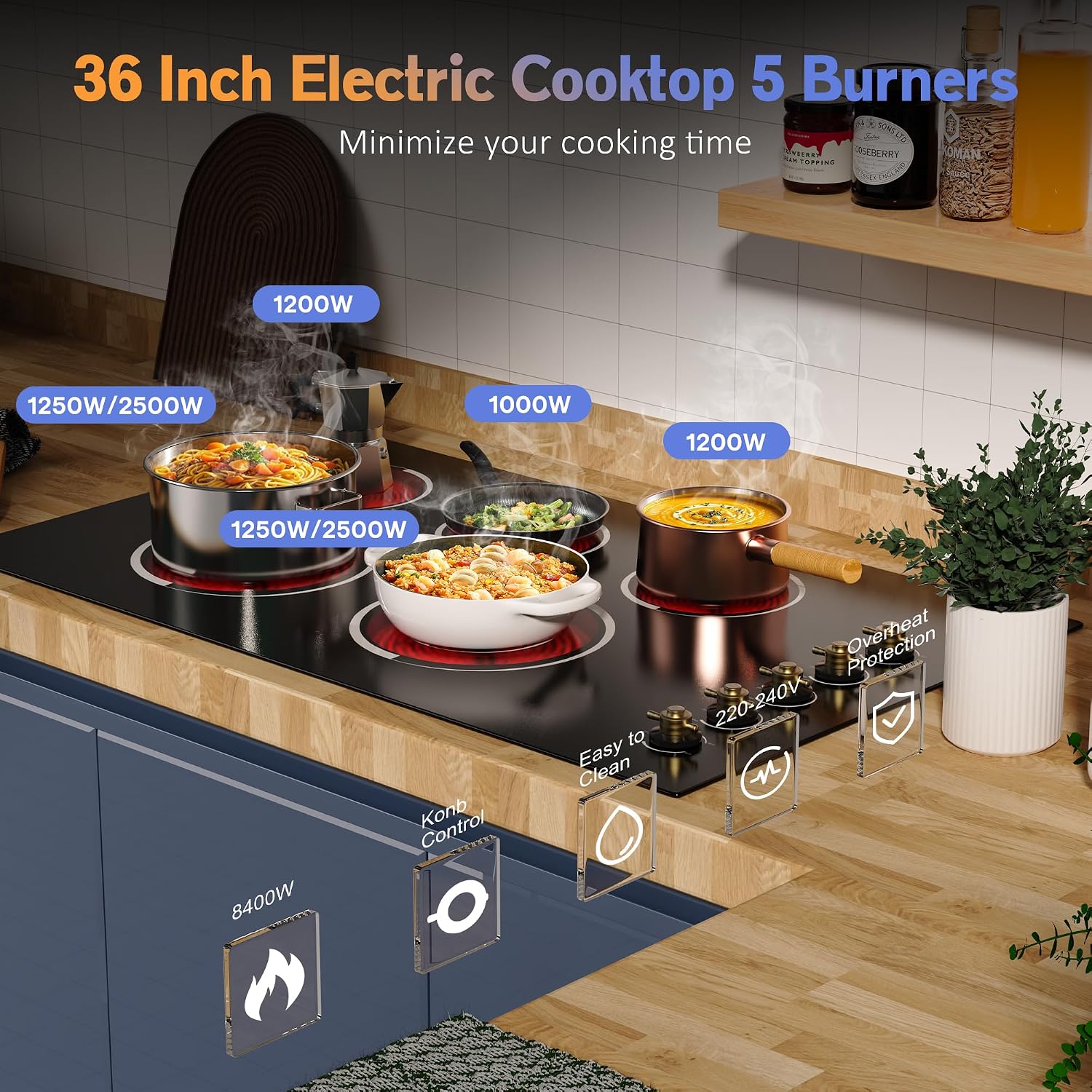 Electric Cooktop 36 Inch - Drop-in(34.25'x19.3') 5 Burner Electric Stove Top 8400W High Power, 36' Ceramic Cooktop Stove with Knob Touch, Dual Ring, Overheat Protection, 220-240V Hard Wired