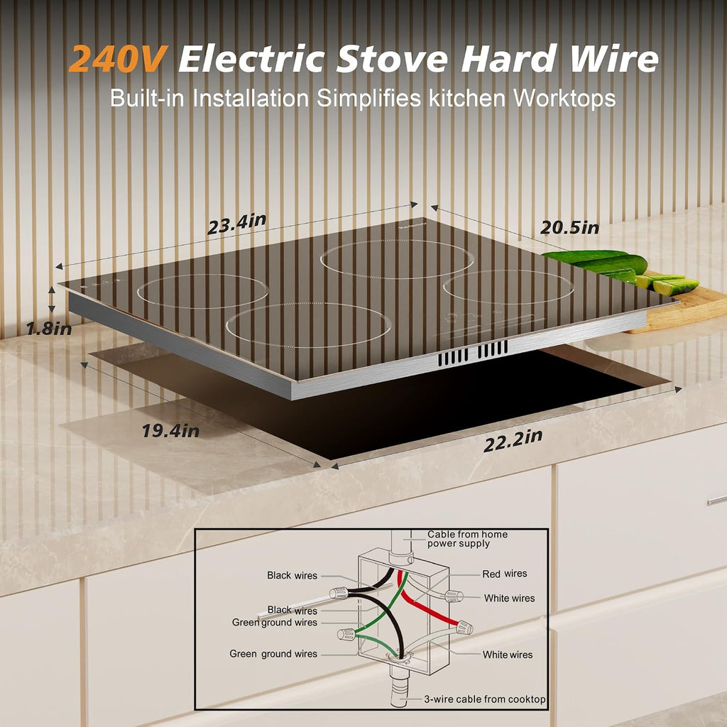 4 Burner Electric Cooktop 24 Inch, 6000W Cooktop Electric Slide Controls, Built in Electric stove top, Glass Protection Metal Frame, 9 Power Levels, Safety Lock, Timer, 240V Hard Wire(No Plug)