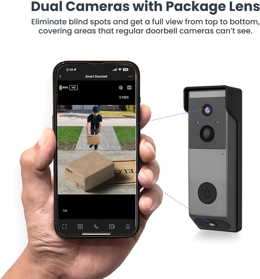 Feit Electric Smart Wireless Doorbell w/Dual-Lens 1080p HD Camera, 24/7 Local Recording, Night Vision, Voice Assistant, AI Detection for People & Packages, Includes Wireless Chime, CAM2/DOOR/WIFI/BAT