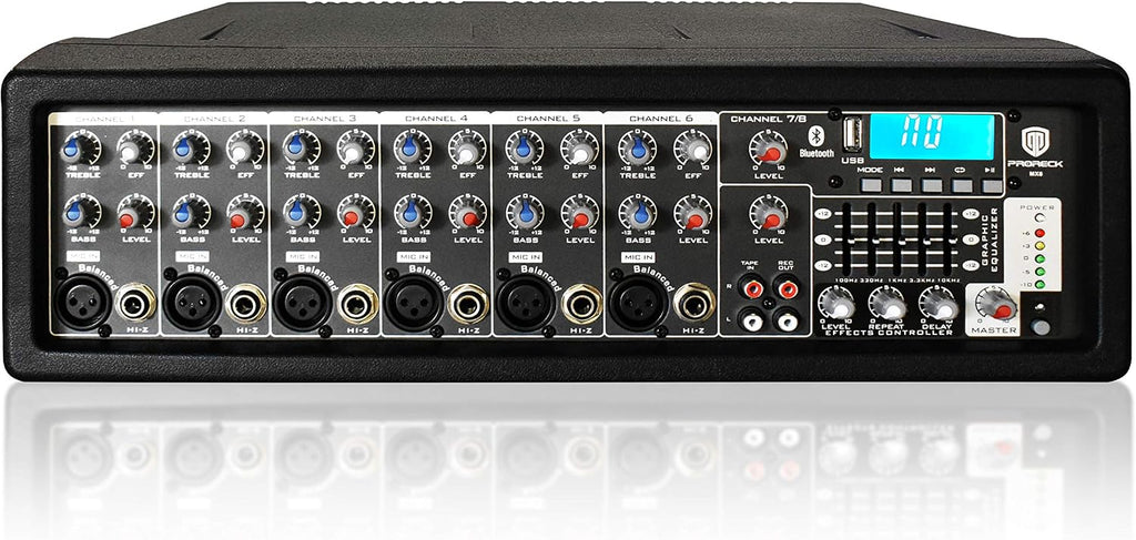 PRORECK MX8 2500 P.M.P.O 8 Channel Compact Studio Powered Mixer with Built In Effects & USB Audio Interface for Party/Meeting/Wedding +48V Phantom Button