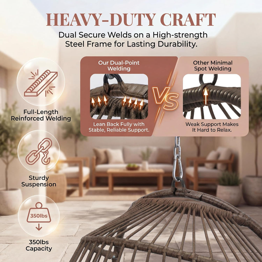 Nicesoul Outdoor Hanging Egg Chair Without Stand, Patio Wicker Swing Egg Basket Chairs with Padded Cushions, 350 Lbs Ceiling Tree Swinging Egg-Shaped Chair No Stand for Indoor Bedroom Porch, Brown