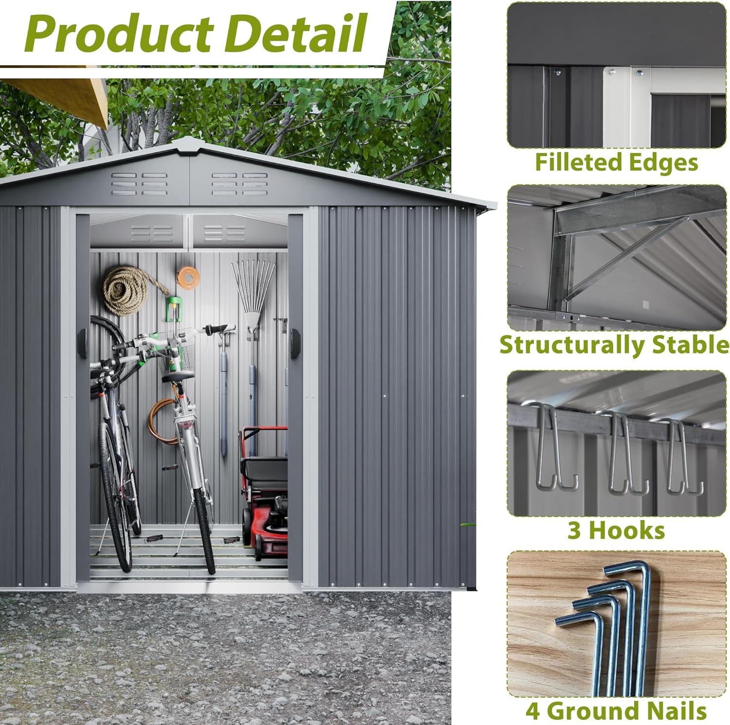 KEIKI Storage Shed 8x6 FT, Large Metal Tool Shed for Outdoor Storage, Galvanized Steel Garden Shed with Floor & Lockable Sliding Doors for Patio, Backyard, Lawn, Grey