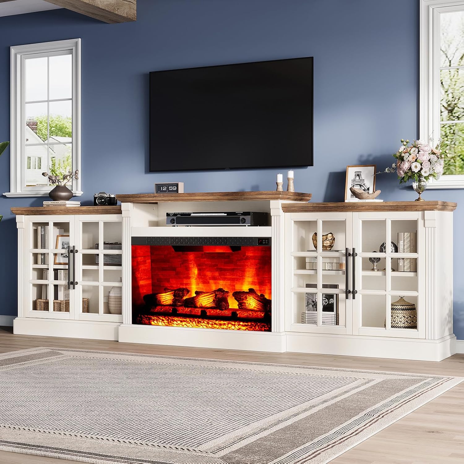 LUXOAK 97' Farmhouse TV Stand with 33' Fireplace for TVs up to 100', Media Entertainment Center with Large Storage Cabinet Adjustable Shelves for Living Room, White/Barnwood