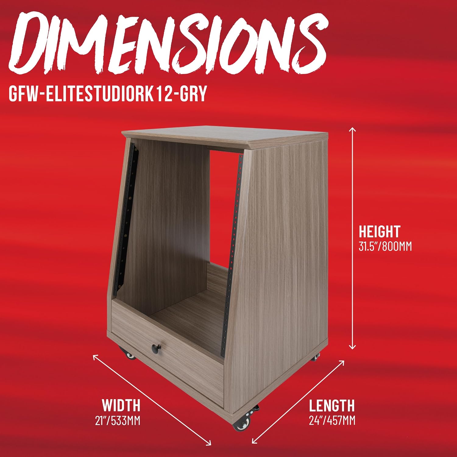 Gator Frameworks Elite Furniture Series 12U Angled Studio Rack with Locking Casters, Driftwood Grey Finish (GFW-ELITESTUDIORK12-GRY)