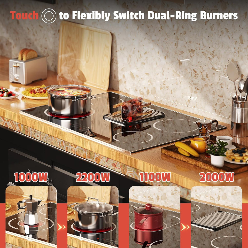 30 Inch Electric Cooktop - 30 Inches Electric Stove 8400W, 5 Burner Ceramic Stovetop Built-in(29.13'x19.3') with Metal Frame, 99 Mins Timer, Safety Lock, Dual Ring, 220V Hard Wired (No Plug)