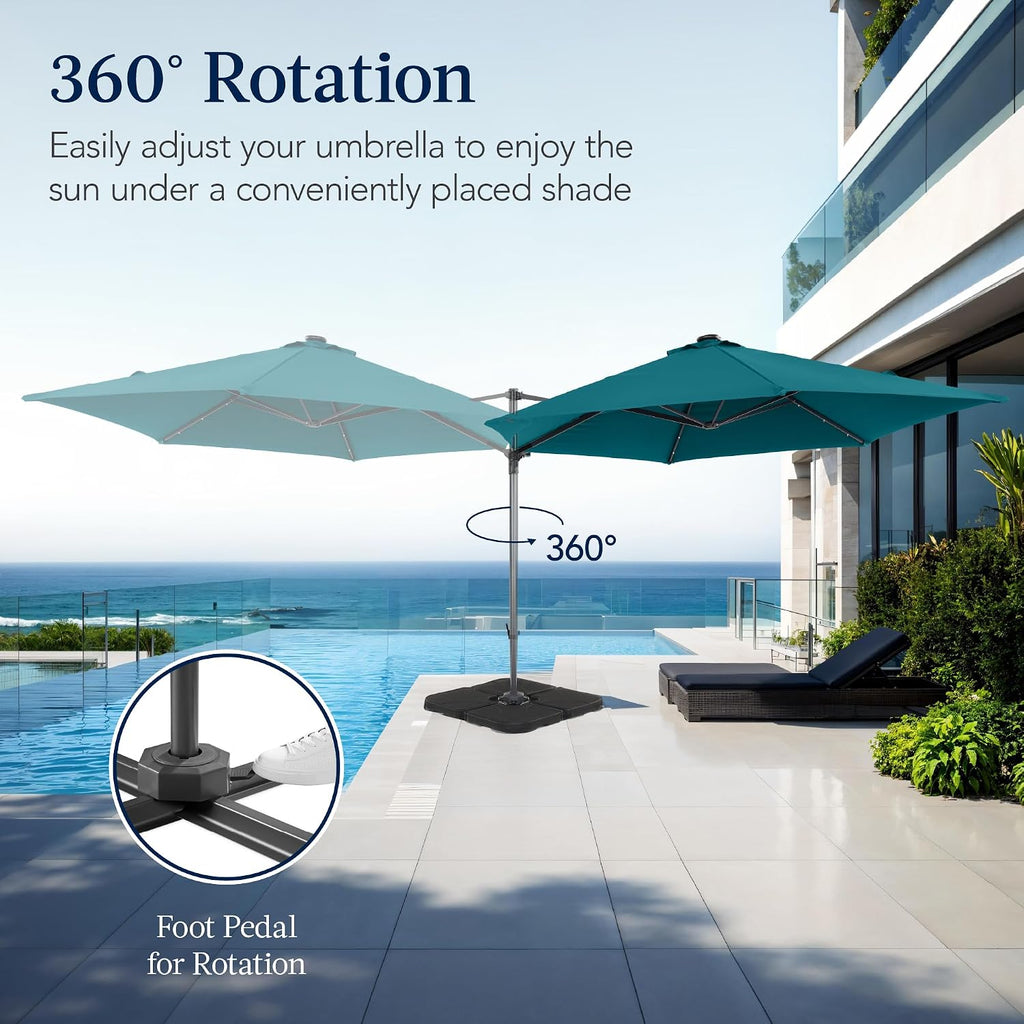 Best Choice Products 10ft Solar LED Offset Cantilever Hanging Market Patio Umbrella, Smooth 360° Rotation, 8 Sturdy Ribs, Easy Adjustment - Cerulean