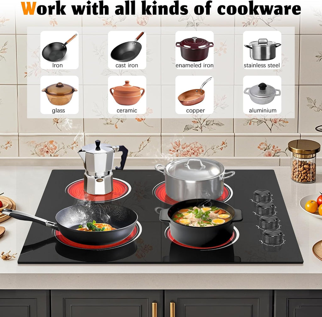 4 Burners Electric Stove Top with Knob Control,24 Inch,6000W Built-in Radiant Electric Cooktop, 9 Power Levels, Hot Warning, 220V Hard Wire(No Plug)