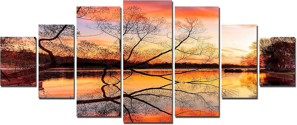 Startonight Huge Canvas Wall Art Gold Sunset On The Lake - Large Framed Set of 7 40' x 95'