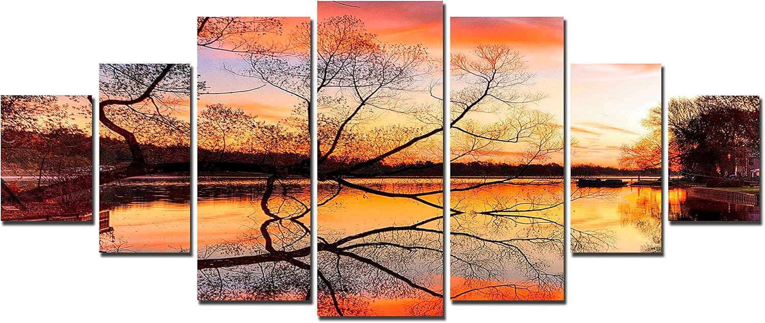 Startonight Huge Canvas Wall Art Gold Sunset On The Lake - Large Framed Set of 7 40' x 95'