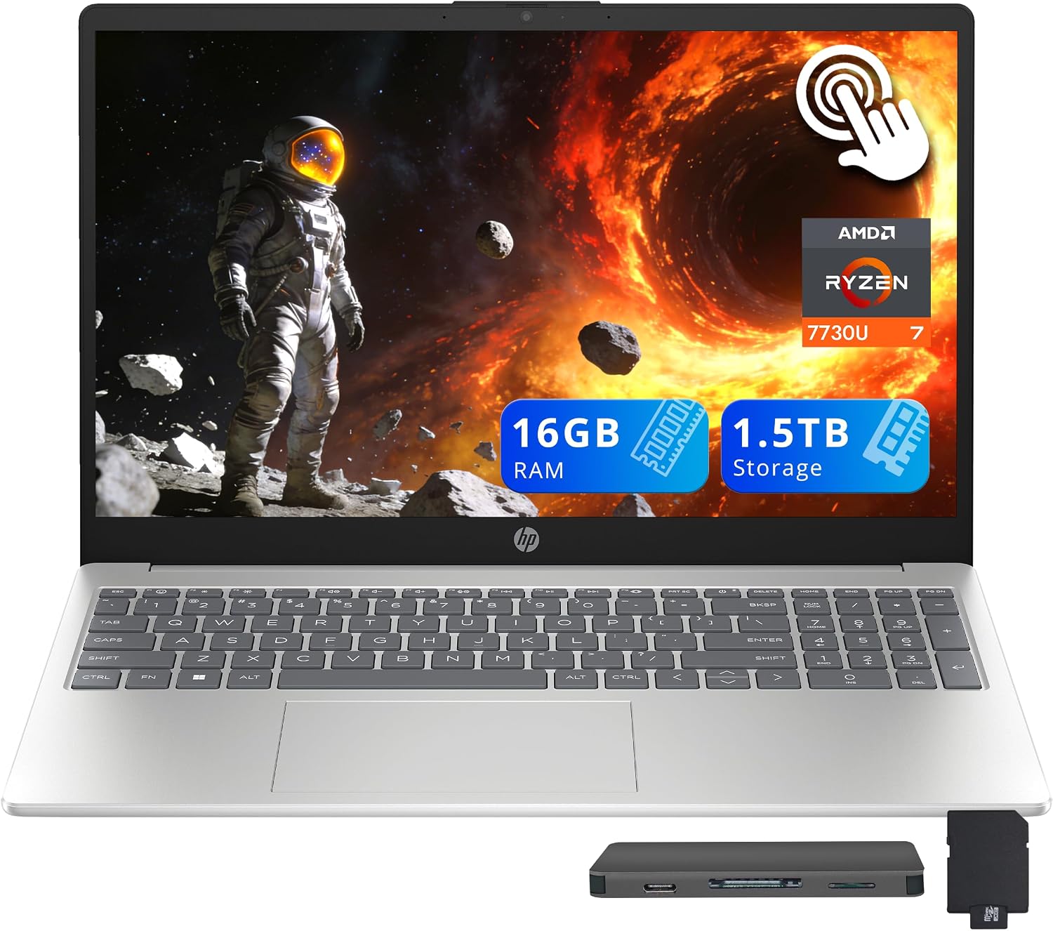 HP 15.6' FHD IPS Touchscreen Laptop, AMD Ryzen 7 7730U, 16GB RAM, 1.5TB Storage (512GB SSD+1TB Docking Station Set), AMD Radeon Graphics, Numeric Keypad, 720p HD Camera, Wi-Fi 6, Win 11, Silver
