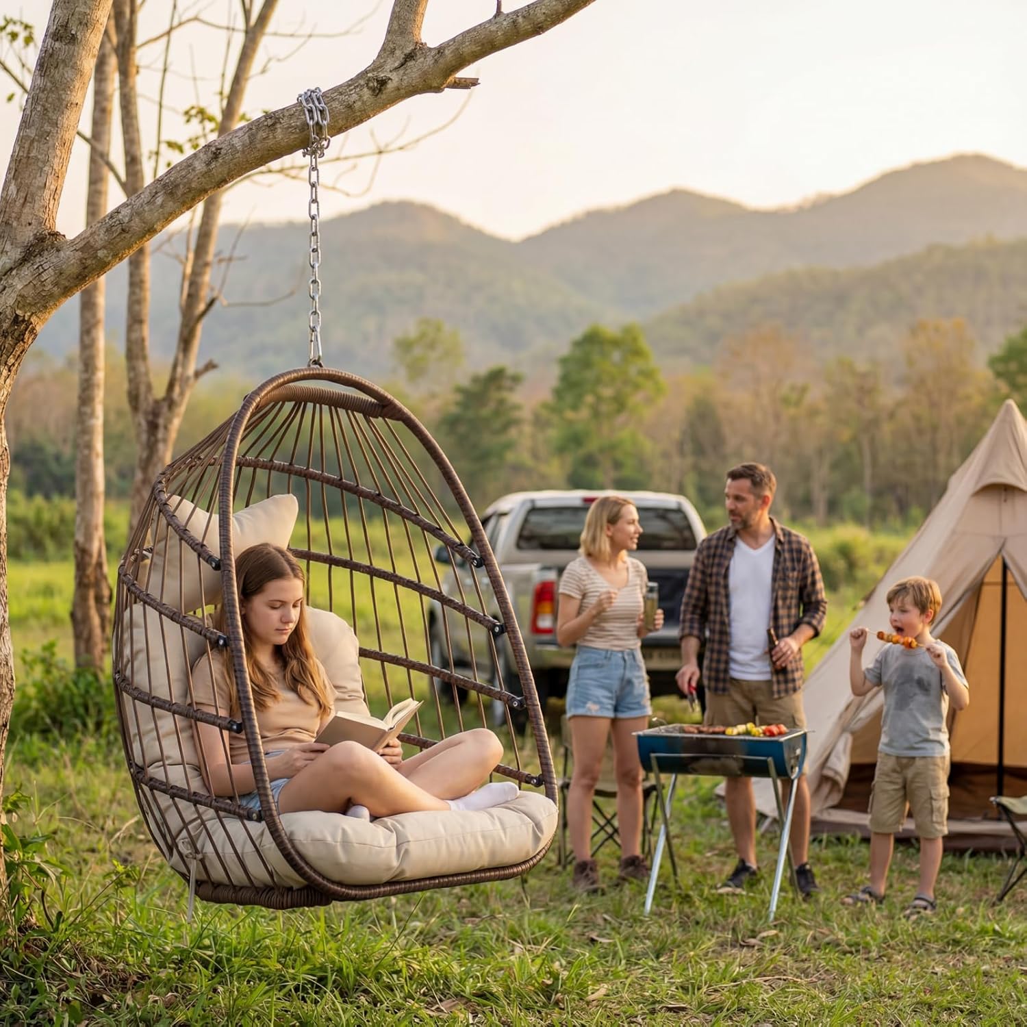 Nicesoul Outdoor Hanging Egg Chair Without Stand, Patio Wicker Swing Egg Basket Chairs with Padded Cushions, 350 Lbs Ceiling Tree Swinging Egg-Shaped Chair No Stand for Indoor Bedroom Porch, Brown