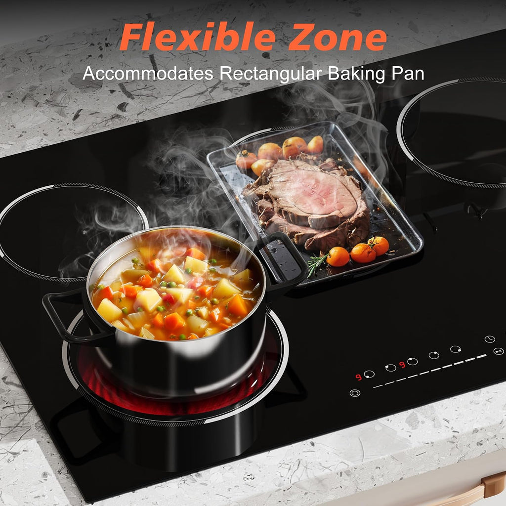30 Inch Electric Cooktop, 5 Burner 8400W Built-in Electric Stovetop, Ceramic Cooktop with Expanded Zone, Slide Touch Control, Timer, Child Safety Lock, Pause, 220V - 240V Hard Wire, No Plug