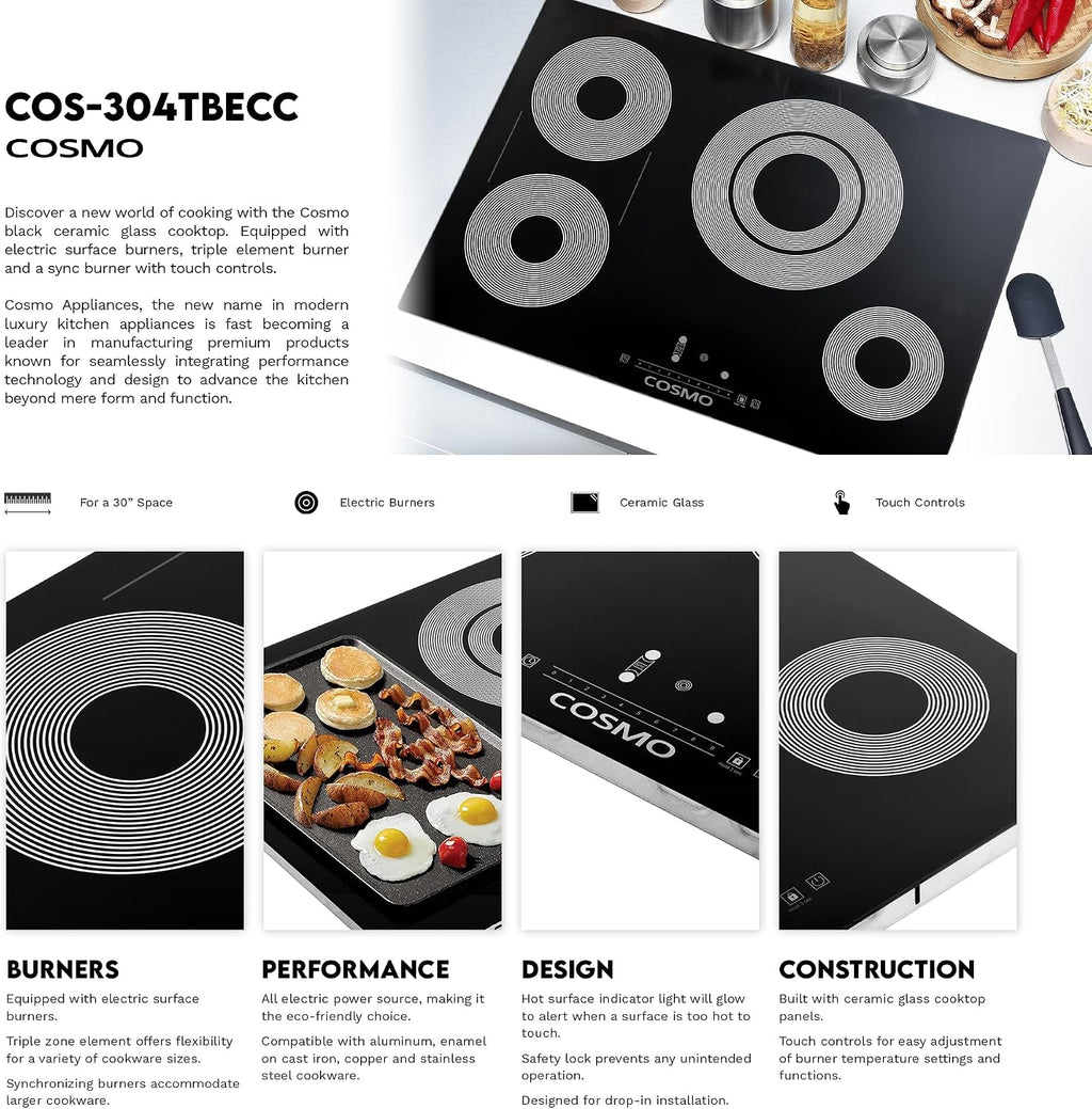 COSMO COS-304TBECC Electric Ceramic Glass Cooktop with 4 Burners, Dual Zone Element, Hot Surface Indicator Light and Touch Controls, 30 inch, Black